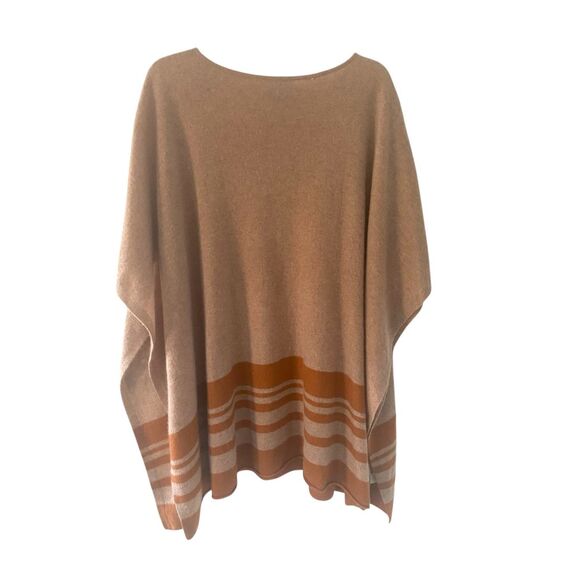 Halogen 100% Cashmere Strip Border Poncho in Tan O/S - Picture 3 of 8